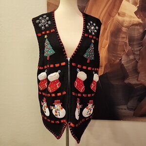 Vintage VICTORIA JONES BLACK CHRISTMAS SNOWMAN tree stocking SWEATER VEST Large
